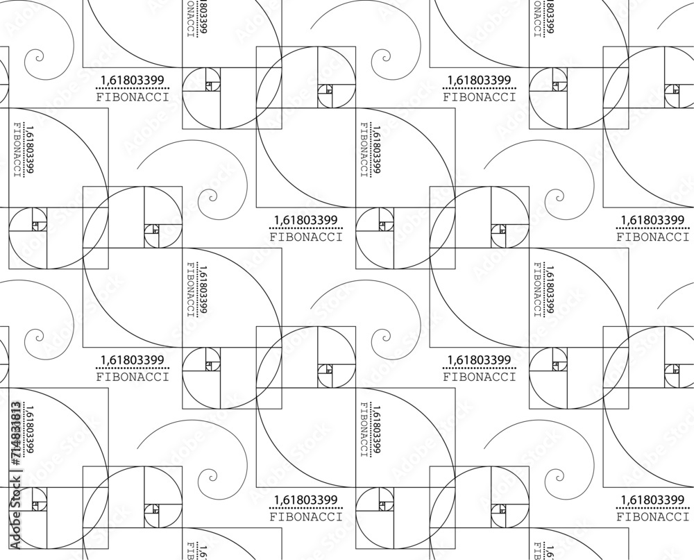Seamless pattern of Fibonacci Sequence Spirals. Golden ratio. Geometric shapes spiral in golden proportion, minimalist line art wallpaper design. Vector illustration isolated on white background Seamless pattern of Fibonacci Sequence Spirals. Golden ratio. Geometric shapes spiral in golden proportion, minimalist line art wallpaper design. Vector illustration isolated on white background