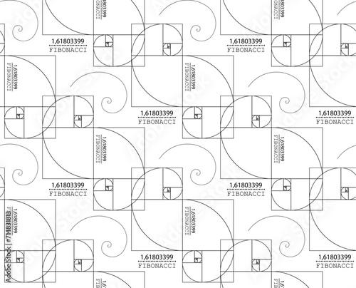 Seamless pattern of Fibonacci Sequence Spirals. Golden ratio. Geometric shapes spiral in golden proportion, minimalist line art wallpaper design. Vector illustration isolated on white background