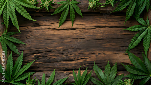 Top view of background of a wooden log with marijuana leaves as a frame