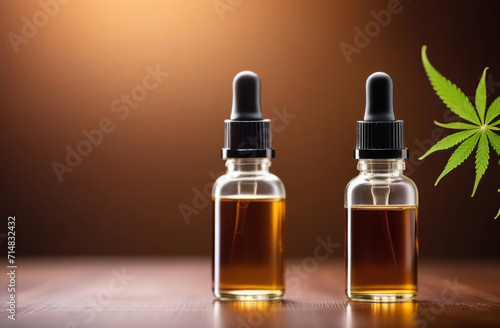 Amber brown dropper bottles with pipette on a blurry natural background with green hemp cannabis leaf. Mockup with copy space Natural CBD oil. Cosmetic brand concept. Face body care. Health product Ad
