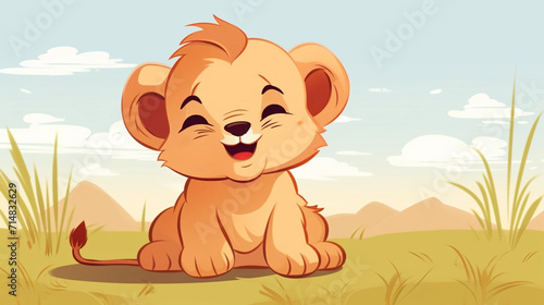 copy space  cute birthday card  sweet handdrawn cartoon style  a very sweet cute lion cub lying in the grass. Beautiful illustration for a children   s book  napkins  nursery. Wildlife  animal theme ill