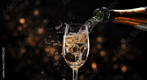 A bottle of champagne elegantly pours its effervescent essence into a crystal-clear glass  creating a moment of celebration and luxury.