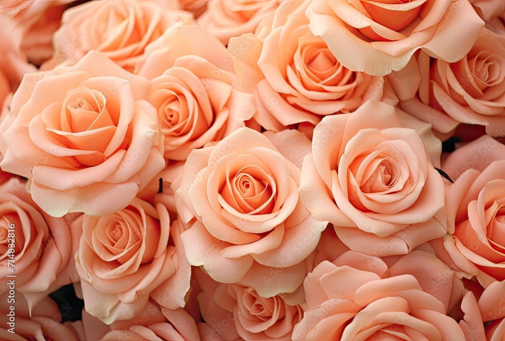 A close-up of a bouquet featuring pink and orange roses set against a background with a peach fuzz color tone. A close-up of a bouquet featuring pink and orange roses set against a background with a peach fuzz color tone.