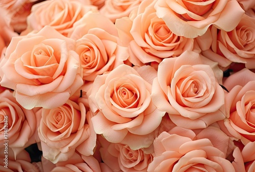 A close-up of a bouquet featuring pink and orange roses set against a background with a peach fuzz color tone.