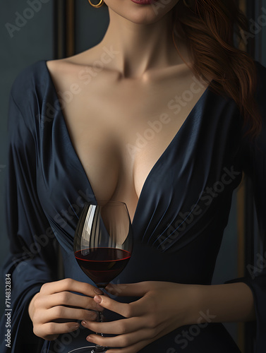 A woman in blue dress with a deep neckline with a glass of wine in her hand