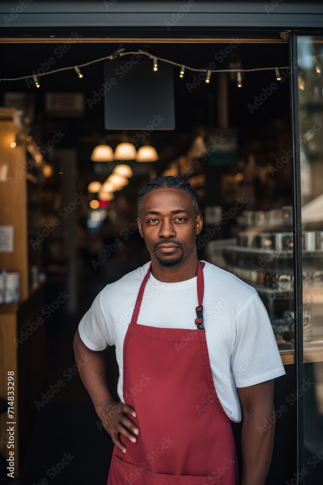 Man in apron standing confidently in his shop Man in apron standing confidently in his shop
