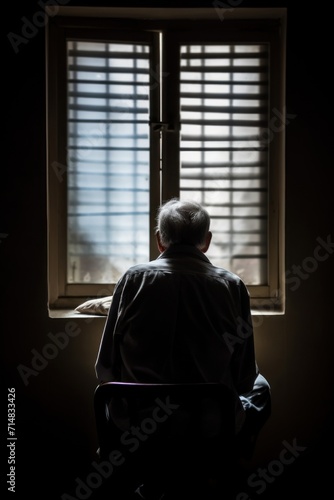 Elderly man sitting alone facing window light