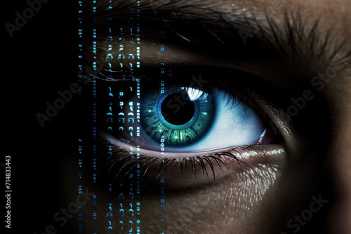 Man's eye close-up with reflected binary code on cybersecurity