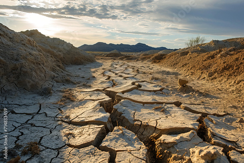 Drought-Ridden Landscapes cracked earth, dried-up riverbeds, and withered vegetation,  the harsh impact of climate-related water scarcity. photo