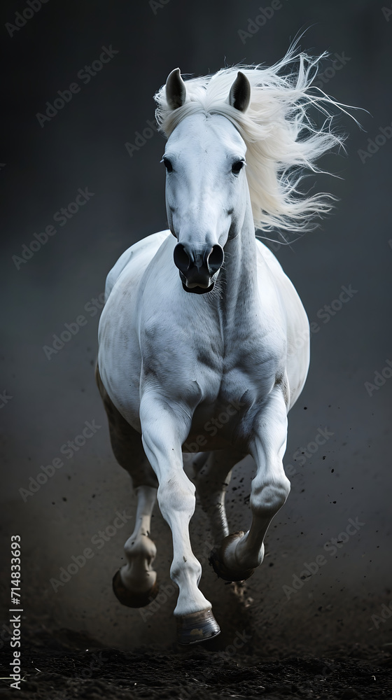 A white running horse with hair flowing 
