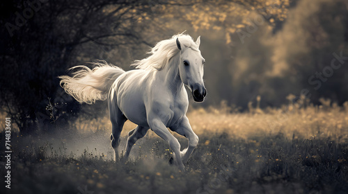 A white running horse with hair flowing 