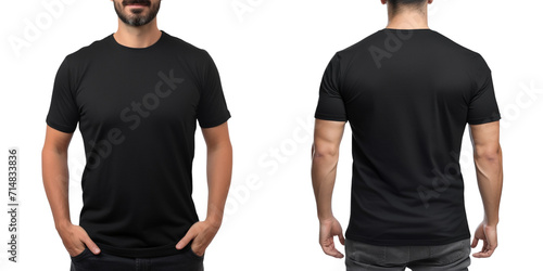 Set of plain black color t-shirt template front and back view mock up isolated on a transparent background