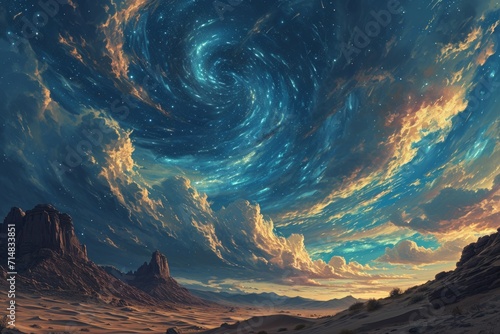 Whirling starry sandstorms  painting the desert sky with a mesmerizing celestial dance - Generative AI