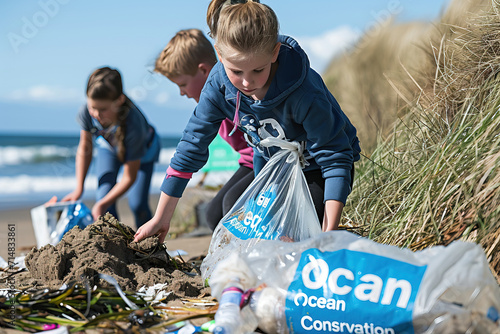 individuals collecting trash on beaches, engaging in ocean conservation efforts, or promoting plastic-free oceans.