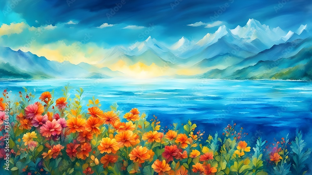 landscape with lake and mountains, water color landscape, blue, yellow, orange,