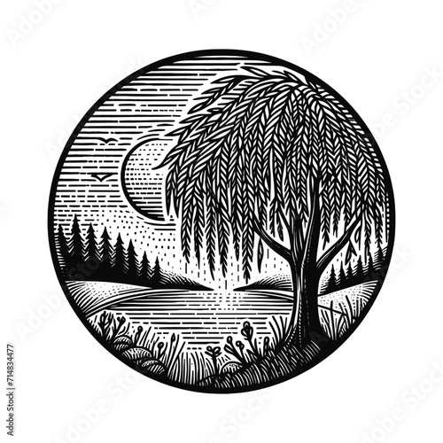 nature landscape with a willow tree illustration