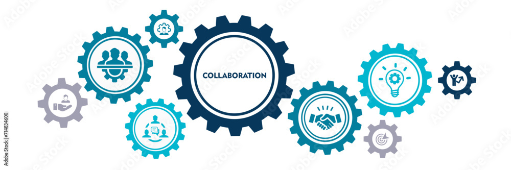 Vector banner collaboration. Editable stroke icons. Trust communication creativity success support. Teamwork problem solving solution partnership. Stock illustration 