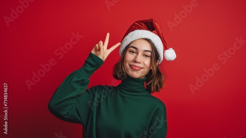 Young woman wear green turtleneck Santa hat posing point index finger overhead indicate on workspace area isolated on plain red background. Happy New Year 2024 celebration Christmas holiday concept