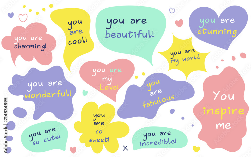set of speech bubbles with phrases, quotes, compliments self love, compliments day set of speech bubbles with phrases, quotes, compliments self love, compliments day