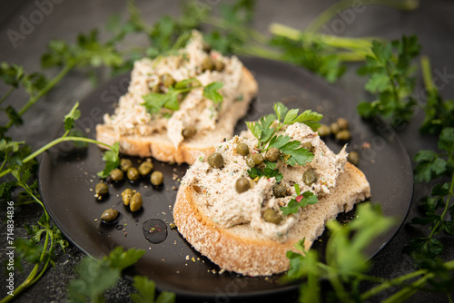 sandwich with mackerel paste, capers and parsley
