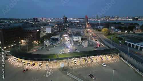 Toll booths on the Queensway Road tunnel, Wirral under the River Mersey to Liverpool, Merseyside, England, orbit view photo