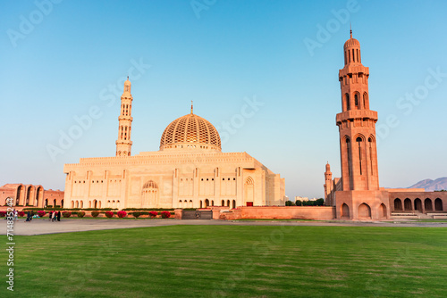 The Sultan Qaboos Grand Mosque view in golden hour