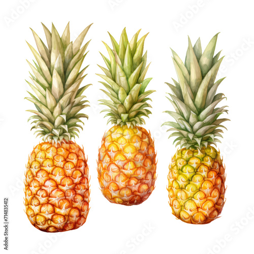 watercolor painting of pineapple four collection isolated
