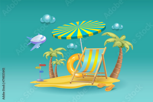 The concept of a tourist vacation with a beach chaise longue 
and an umbrella. 3D vector illustration
