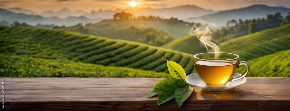 A steaming cup of tea with green leaves on a wooden surface with a scenic tea plantation at sunrise. Panorama with copy space. Banner.