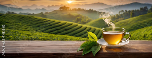 A steaming cup of tea with green leaves on a wooden surface with a scenic tea plantation at sunrise. Panorama with copy space. Banner.