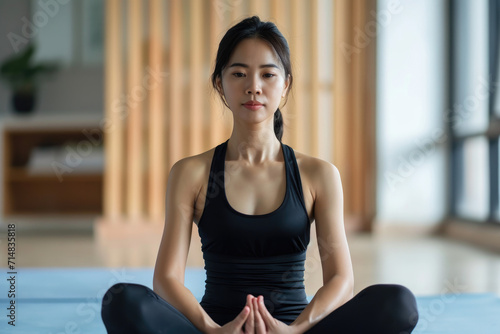 Portrait of sport slim fit strength asian woman training in sportswear sitting relax and practicing yoga