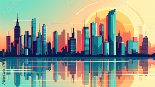 Sunset City Reflections: Modern Urban Skyline with Warm Gradient Hues and Reflective Water Surface