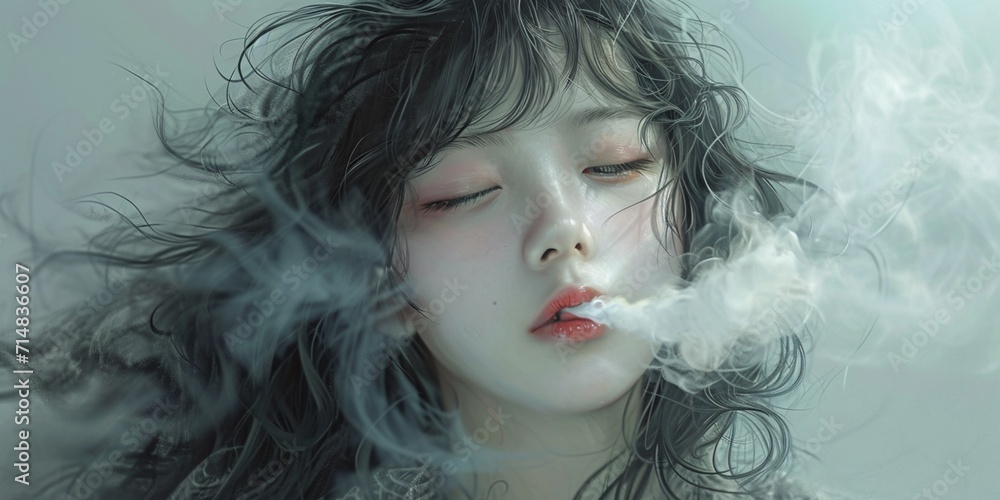 Hot Korean women smoking a vape, really cranking cotton, legitimate dragons breath, thick clouds, two-tone colored, wavy long hair, cozy cloth