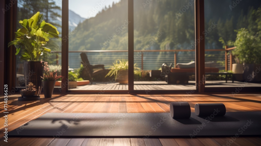 Rolling Yoga mat, Healthy Lifestyle, Fitness. Close to a window with a natural backdrop. Yoga relaxation.
