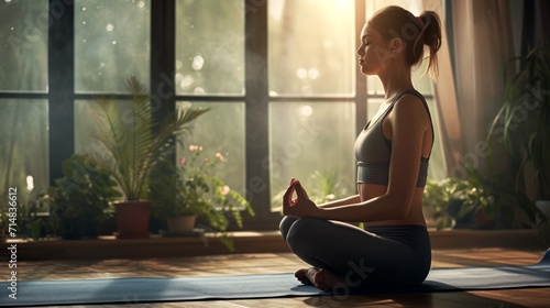 Yoga room, woman practice yoga in a quiet environment. Healthy Lifestyle, Fitness. Close to a window with a natural backdrop, sunset. Yoga relaxation.