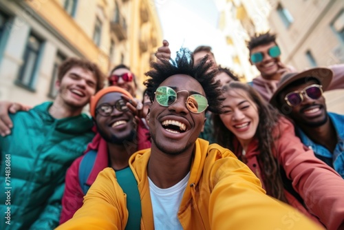 A reusable young group of happy people takes a selfie photo on a camera outside