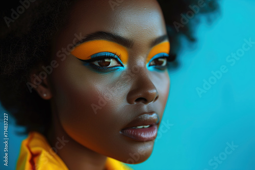 Young beauty stylish african american woman on blue background, portrait of black fashion girl with beautiful makeup and hairstyle, bright lipstick and eye shadow