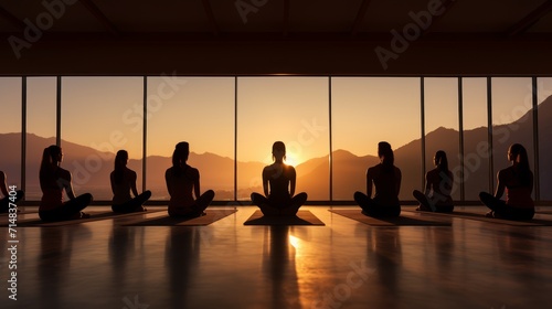 Big yoga room, people practice yoga in a quiet environment. Healthy Lifestyle, Fitness. Close to a window with a natural backdrop, sunset. Yoga relaxation.