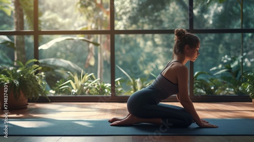 Yoga room, woman practice yoga in a quiet environment. Healthy Lifestyle, Fitness. Close to a window with a natural backdrop, sunset. Yoga relaxation. photo