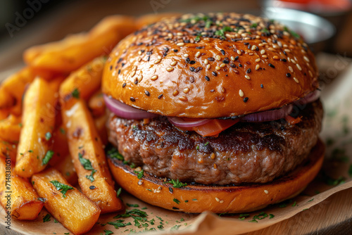 Delicious juicy big burger with meat, cheese and vegetables, hamburger with fries