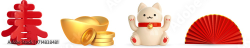 Chinese gold ingot and coin, asian red fan, lucky maneki neko, asian spring hieroglyph. Asian 3d simbol holiday icon. 3d render asian design element. Vector cartoon illustrarion