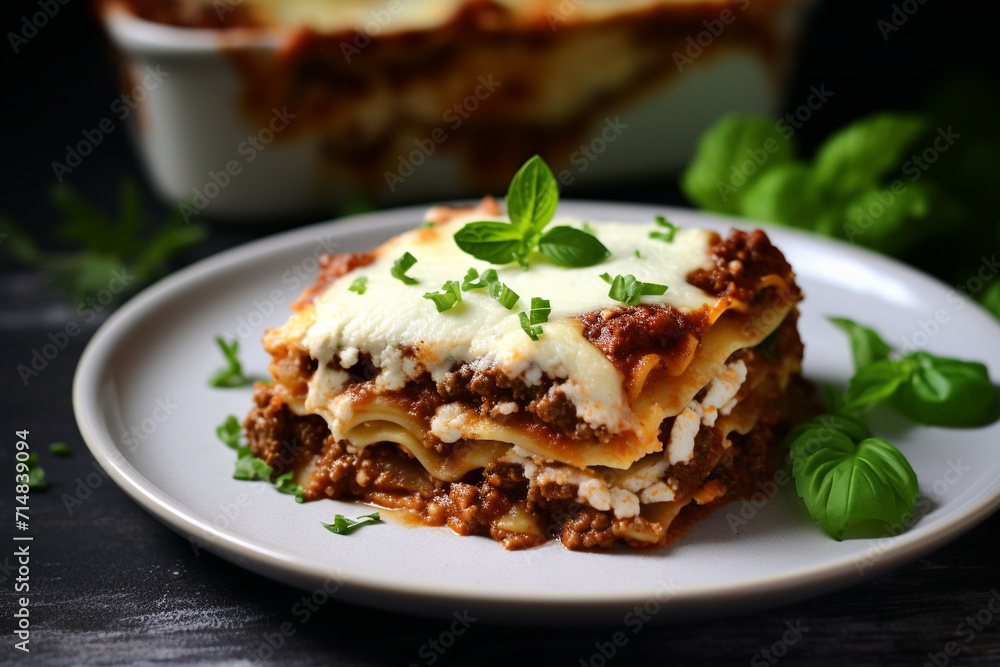 Lasagne bolognese on a plate, dish in a restaurant or cafe.