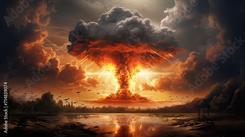 An intense depiction of a futuristic nuclear explosion against a dark background, illustrating a dramatic and ominous scene. © Murda