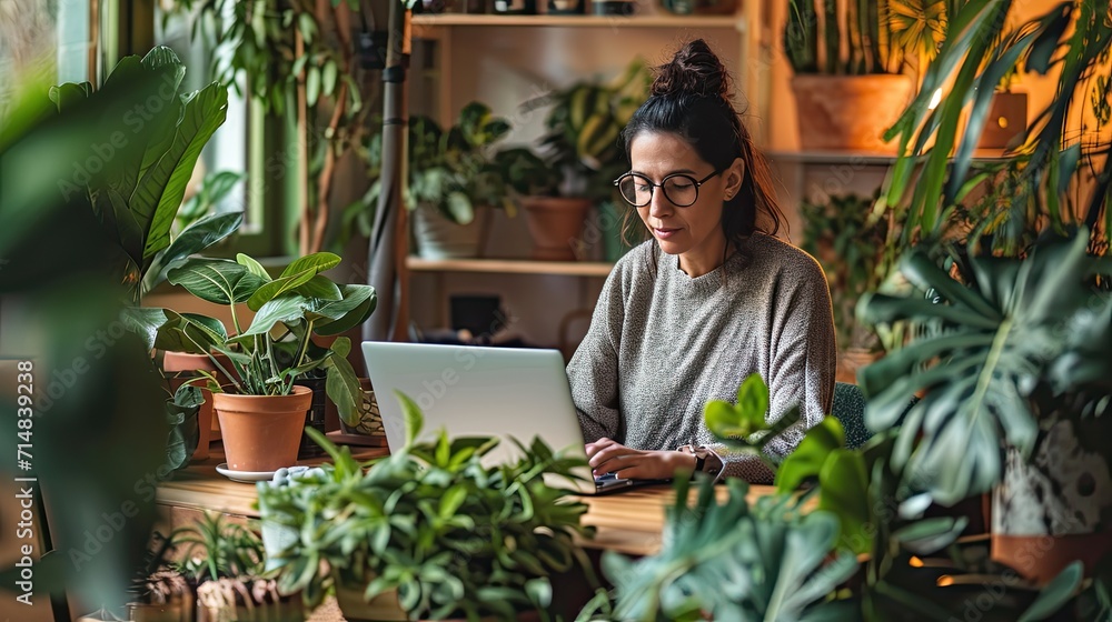 A cozy home office setup with a stylish, minimalistic design, featuring a young professional working on a laptop, with a pet sleeping nearby A cozy home office setup with a stylish, minimalistic design, featuring a young professional working on a laptop, with a pet sleeping nearby