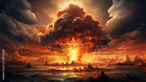 An intense depiction of a futuristic nuclear explosion against a dark background, illustrating a dramatic and ominous scene. © Murda