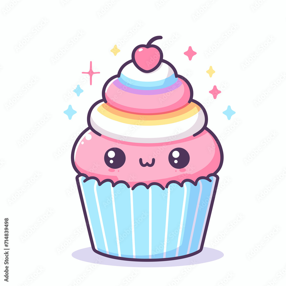 Cute strawberry cupcake kawaii character design. Vector illustration, kawaii cupcake icon, generative ai Cute strawberry cupcake kawaii character design. Vector illustration, kawaii cupcake icon, generative ai
