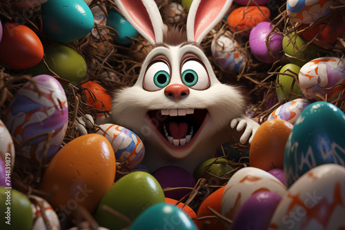 Crazy Easter bunnies, funny and cute. Colorful easter eggs. AI Generative.