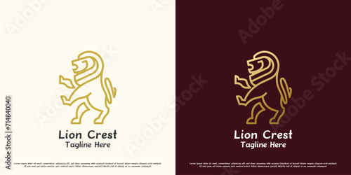 Lion crest logo design illustration. Silhouette of a lion tail standing roaring wild animal king of the jungle predator fangs claws brave. Minimalist elegant luxury pride honor simple icon symbol. photo