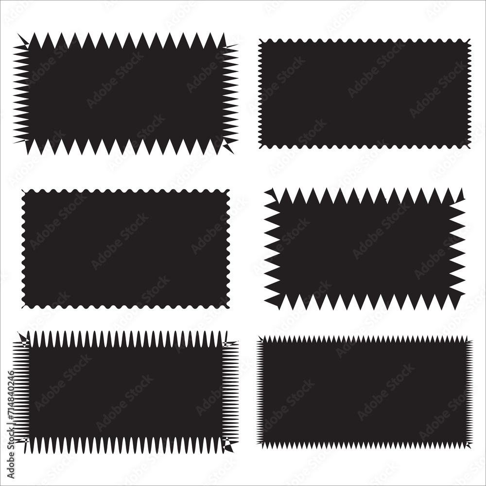 Zigzag Edge Rectangle Shapes Icon Set.  A group of 6 rectangular symbols with jagged edges. Isolated on a white background.