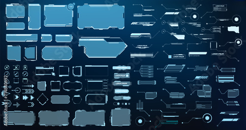 A comprehensive set of futuristic HUD (Heads-Up Display) and interface elements with a blue neon glow. Futuristic HUD and Interface Elements Set. Vector illustration
